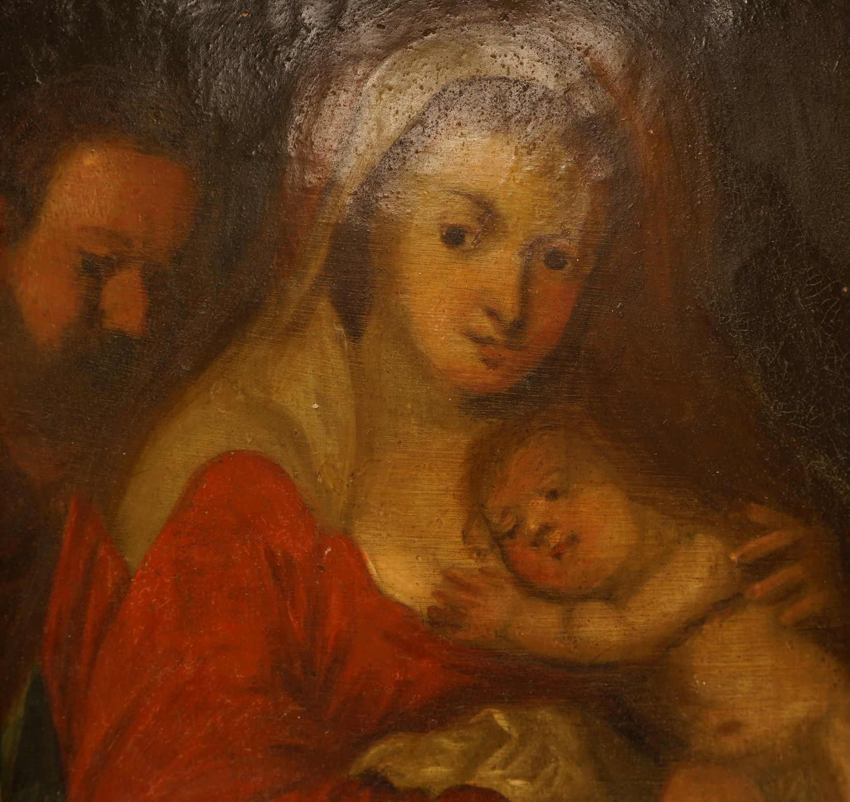 After Caravaggio (Italian, 1571- 1610), ‘The Holy Family’, Old Master style oil on copper panel, with ink inscription verso reading 'From the collection of the late Sir William Drummond Stewart, Murthly Castle’, 20 x 14.